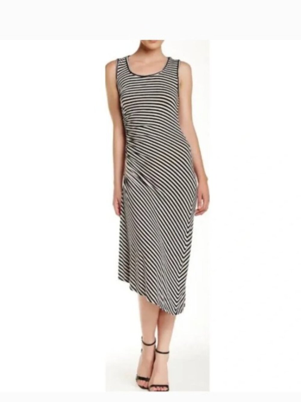 Max Studio Striped Ruched Asymmetrical Midi Dress L NWT